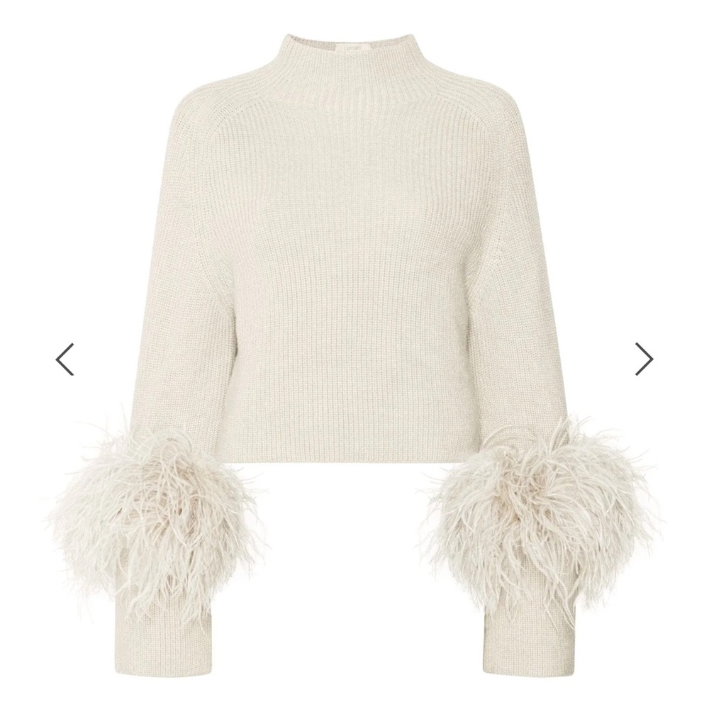 Chic Cream Turtleneck Sweater with Feather Accents